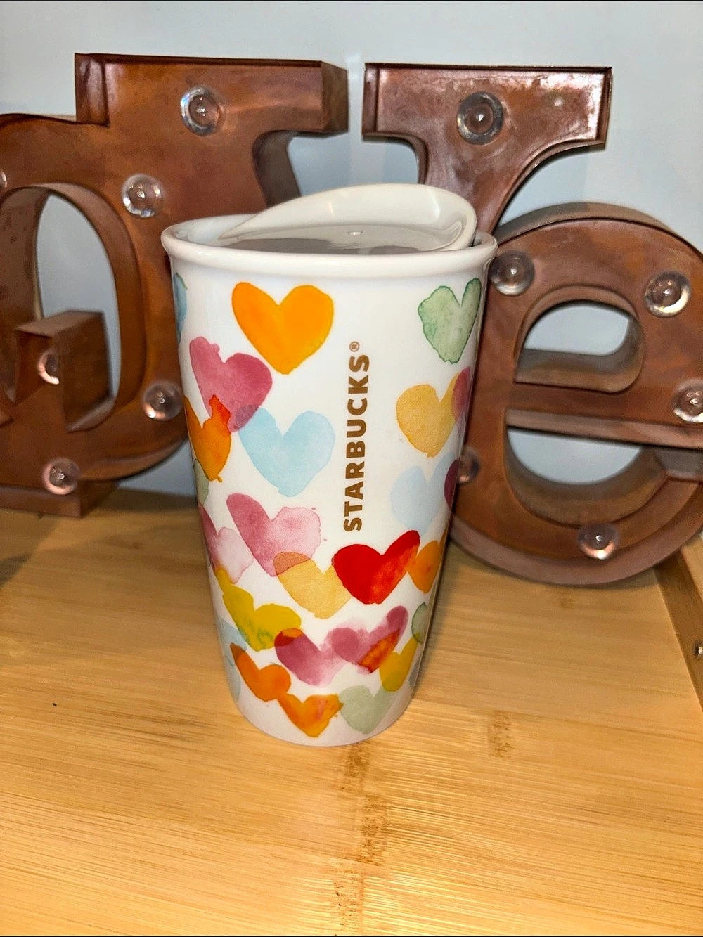 Starbucks Watercolor Hearts Ceramic Travel Tumbler 2015 Valentines Day w/lid